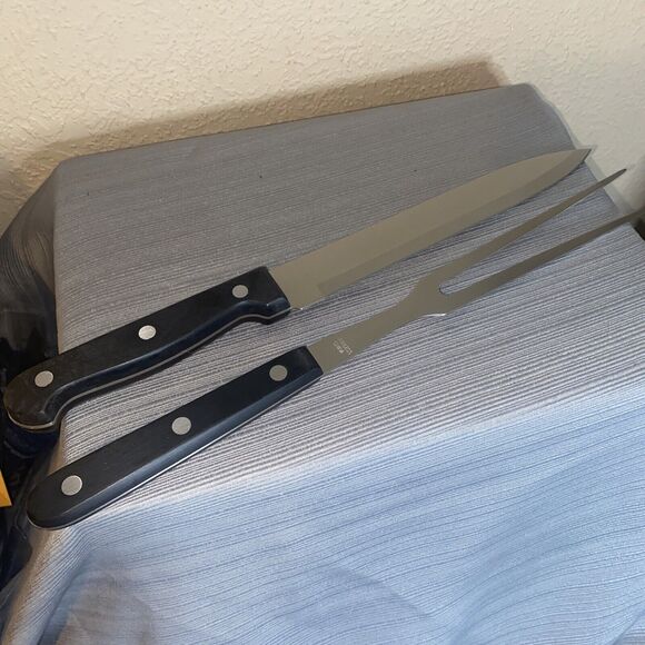 New 13” Carving Fork and Knife Stainless Steel Set with Black Handles - Picture 1 of 8